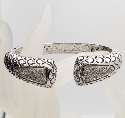 John Hardy .925 Sterling Silver Hinged Cuff Bracelet with Diamonds 46.4g Sz 6.5''