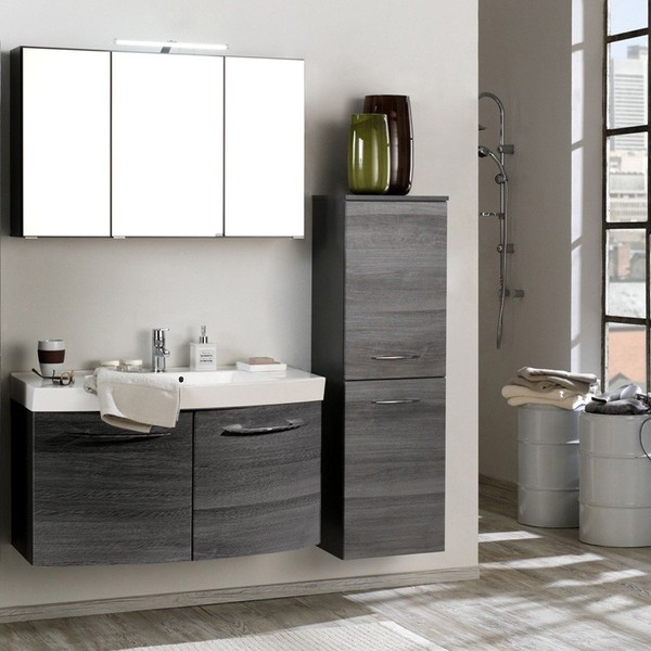 Badezimmer Set In Eiche 100Cm Waschtisch Led Spiegelschrank BadmöBel Hochschrank-image