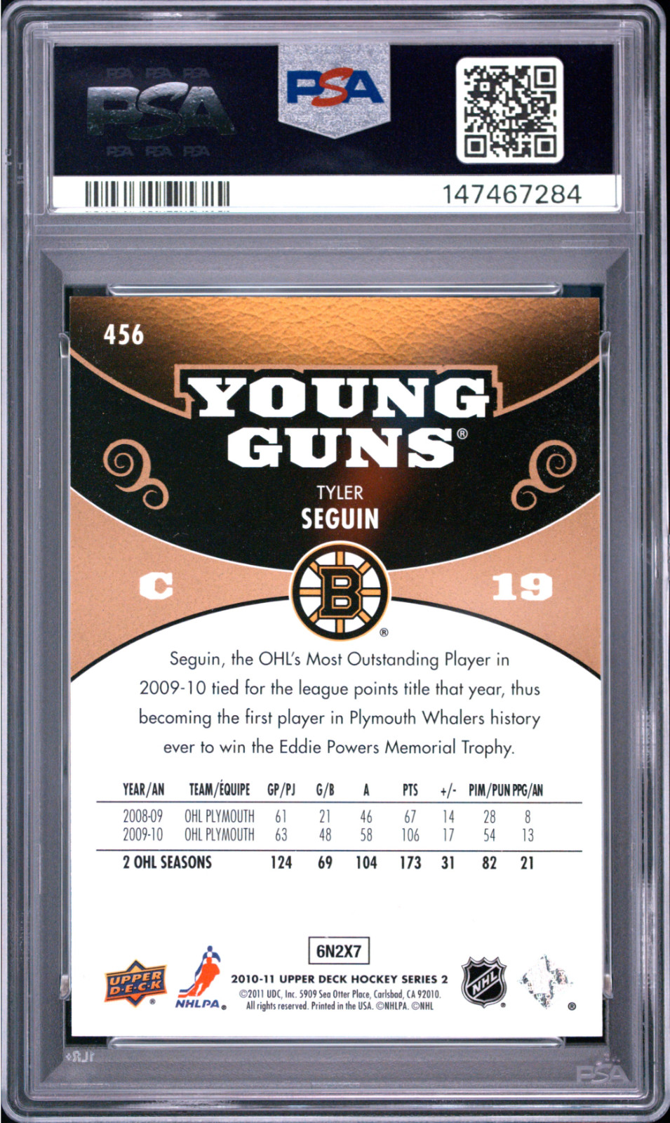Tyler Seguin 2010 Upper Deck Series 2 UD Exclusives Young Guns /100 #456 PSA 9 view 2