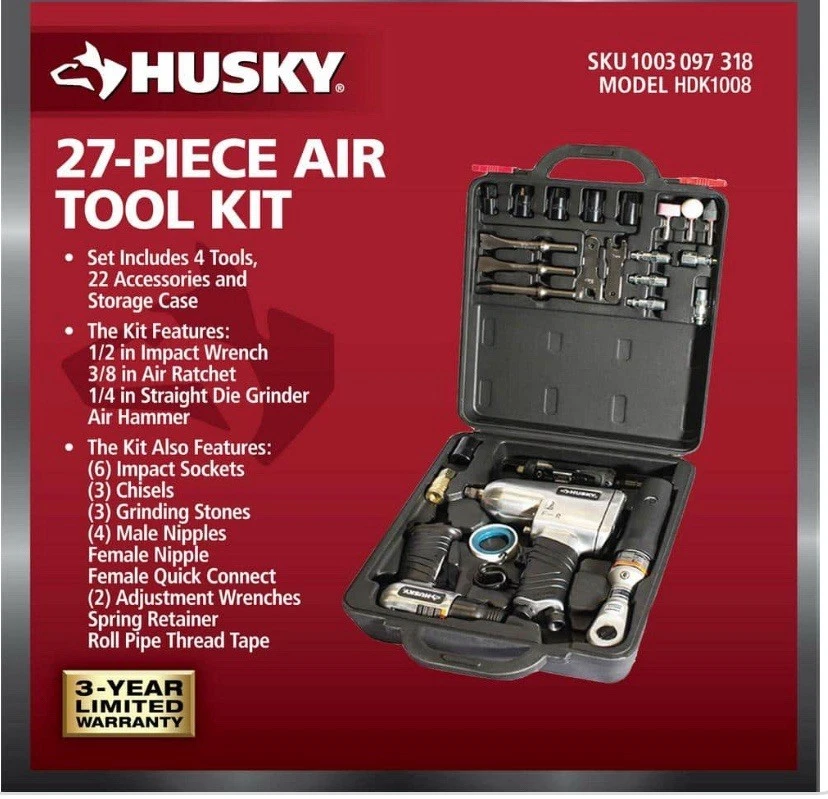 Kit de herramientas neumáticas Husky 4 piezas 1/2 pulgada Impacto, 3/8 pulgadas. Trinquete (27 piezas) Foto 4 de 4