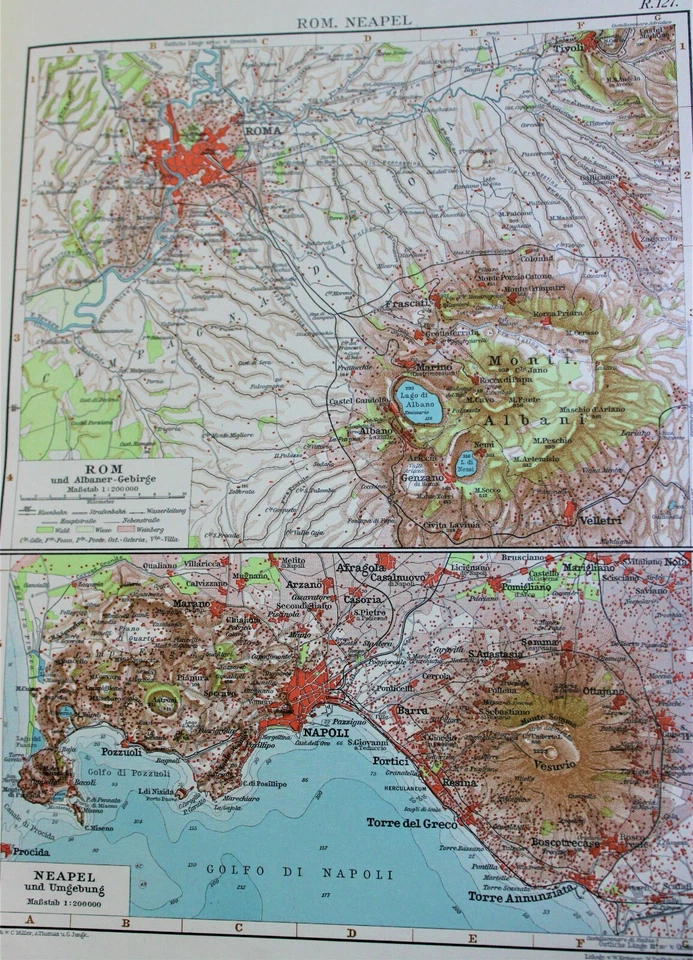 GERMAN ATLAS MAP PAGE PLATES OF ITALY ROME NAPLES VINTAGE PRE WWI EARLY 1900s - Image 3 of 4