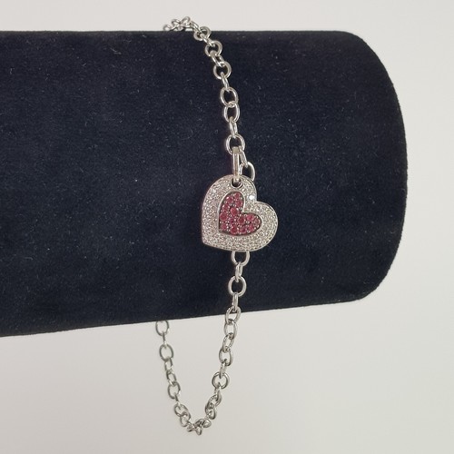 Sterling Silver Chain Bracelet Love Heart Ruby Pave Gemstone Lobster Clip 20cm