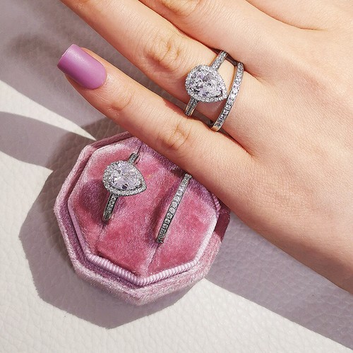 2 Pcs/set Women 925 Silver Plated Rings Cubic Zircon Engagement Jewelry Sz 6-10 - Picture 18 of 22
