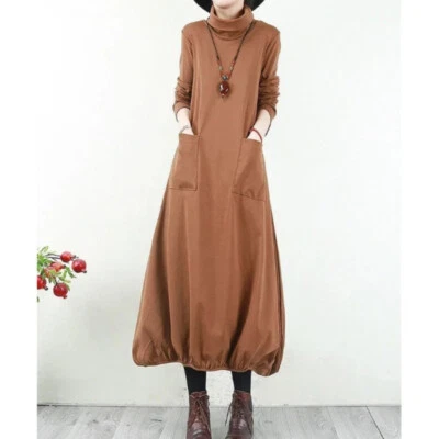 Femme Rétro Maxi Robe Col Roulé Manches Longues Jupe Trapèze Bas Poche Solide - Photo 1/4