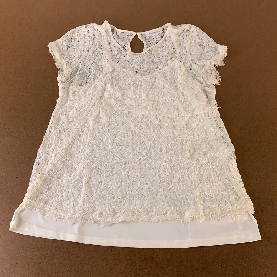 Motherhood Maternity Women's Size Large Ivory Lace Layered Short Sleeve Blouse - Image 3 of 4
