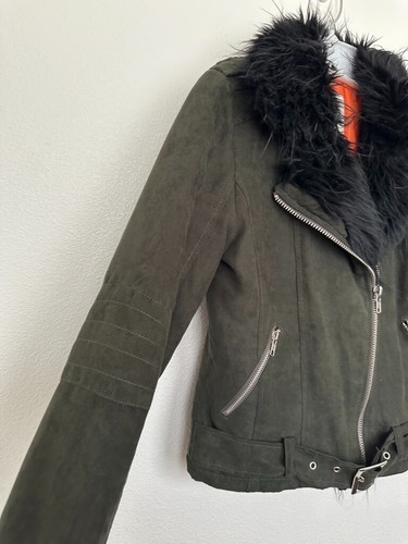 UNIF Berlin Fur Trim Bomber Jacket Suede Green Zipper Orange Lined Women's Sz XS - Picture 6 of 9