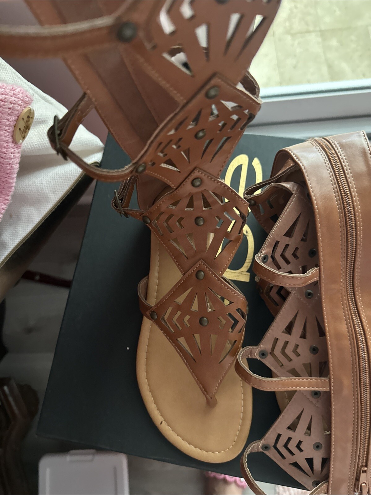 Dark brown gladiator adjustable sandals worn once - image 5