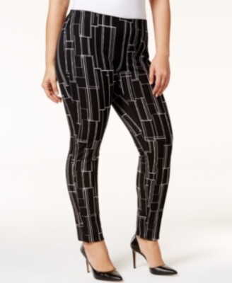 Alfani Plus Size Printed Comfort-Waist Skinny Pants 18W, Linear Blocks #2349