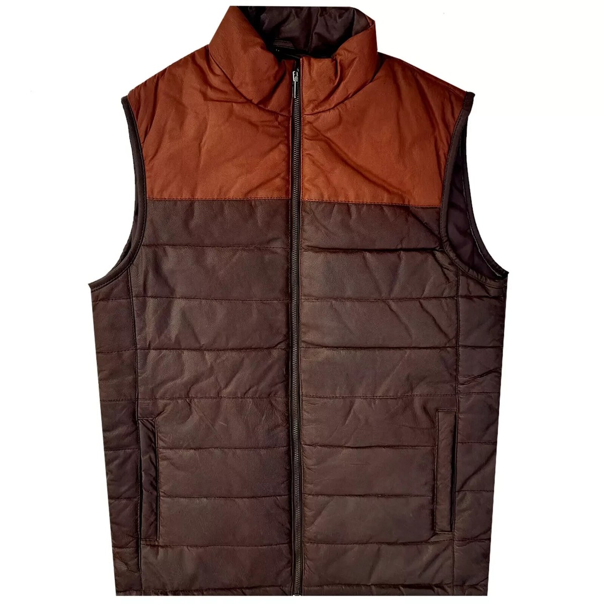 Men's Leather Bodywarmer Gilet – Contrast Quilted Puffer Gilet Waistcoat  Jacket