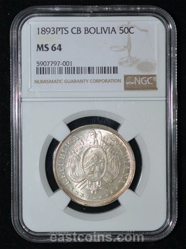 NGC MS64 1893-PTS CB Bolivia Silver 50 Centavos KM-161.5. NGC Single Highest !!