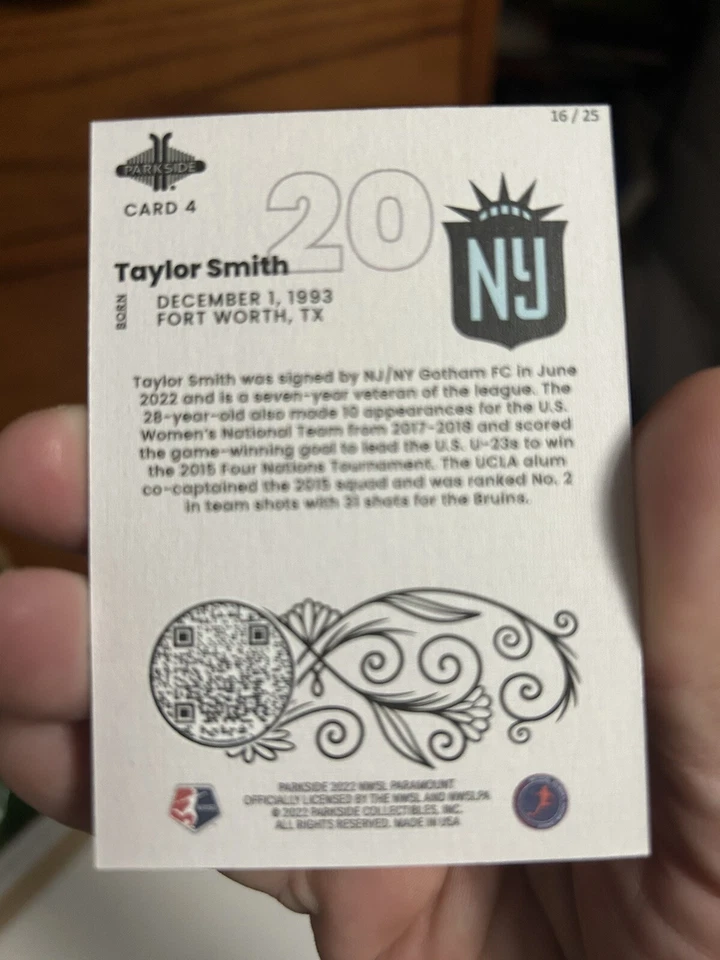 2022 Parkside NWSL Paramount Gotham Taylor Smith Blue Parallel Card 16/25 Wow - Image 2 of 2