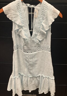 New Francesca s Jun & Ivy Crochet Flutter Sleeveless Dress SZ M Light Blue