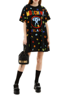 MOSCHINO Milano Black Letter Number Print Cotton T-Shirt Mini Dress 4 = S 34/38