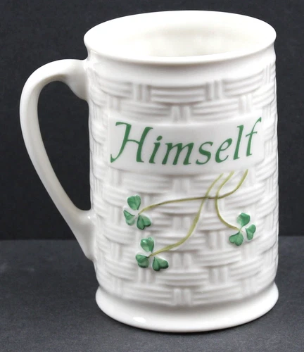 Belleek Ireland Himself Shamrock Basket Weave Porcelain Coffee Mug