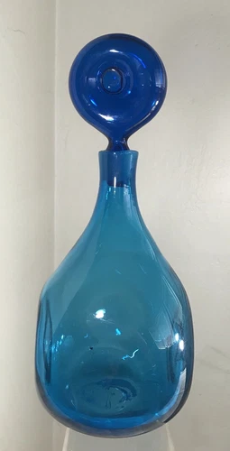 VINTAGE SIGNED BLENKO GLASS DECANTER #5932 DONUT STOPPER WAYNE HUSTED BLUE