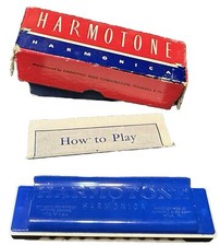 Vintage Harmotone Blue Plastic Harmonica Original Box w/Instructions