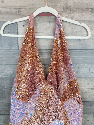 Free People Glitter & Gold Midi Dress XL Pink Sequin Halterneck Party Occasion - Picture 2 of 17