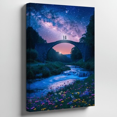 Serene Fantasy Landscape At Twilight, Featuring A Majestic Stone Bridge Wall Art