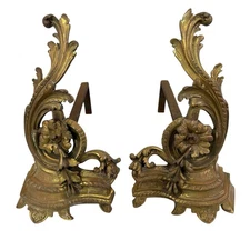 2 Pair Antique French Rococo Baroque Style Gilt Metal Fireplace Andirons Chenets