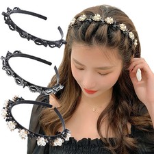 Double Layer Braided Hairbands Plastic Clip Headband Women Punk Pearl Headwear