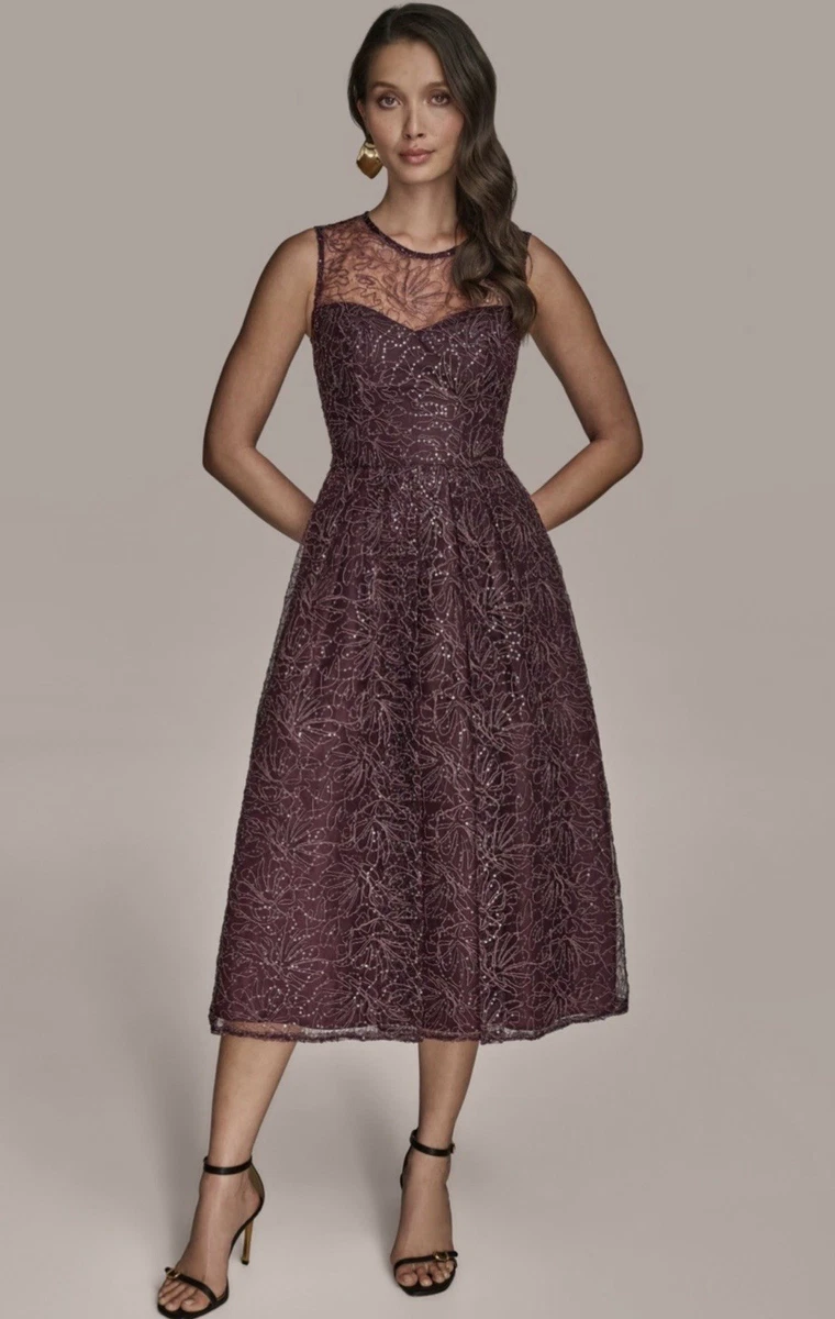 donna karan burgundy dress Donna Karan Women's Sleeveless Cowl Neck Midi Halter Dress in Prune Purple, Size 14