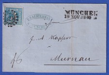 Bayern 3 Kr blau Mi.-Nr. 2 II Platte 5 a. Brief OMR 325, Zweizeiler MÜNCHEN 1860