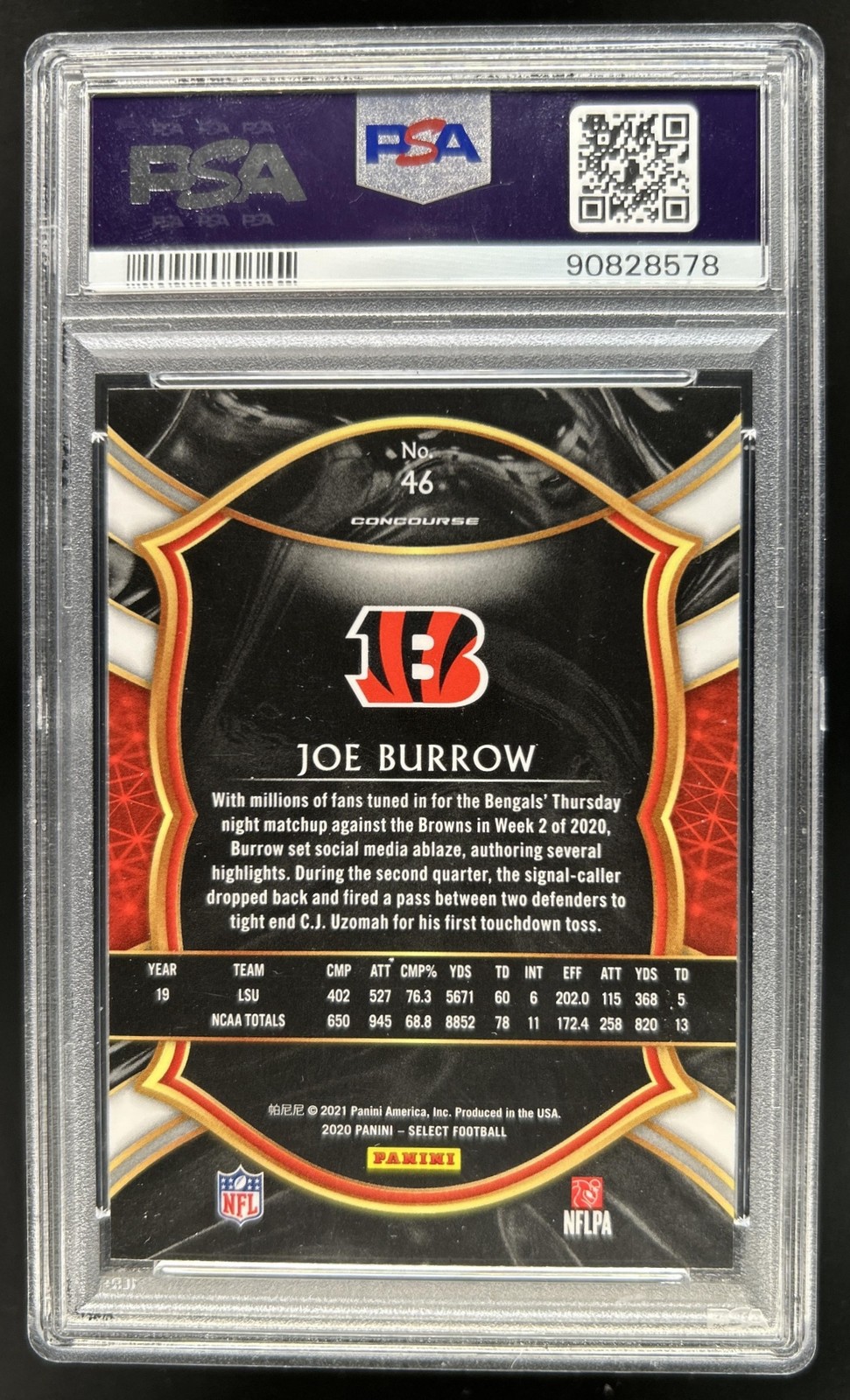 2020 Panini Select Joe Burrow Rookie RC Concourse #46 Bengals PSA 10 GEM MINT view 2