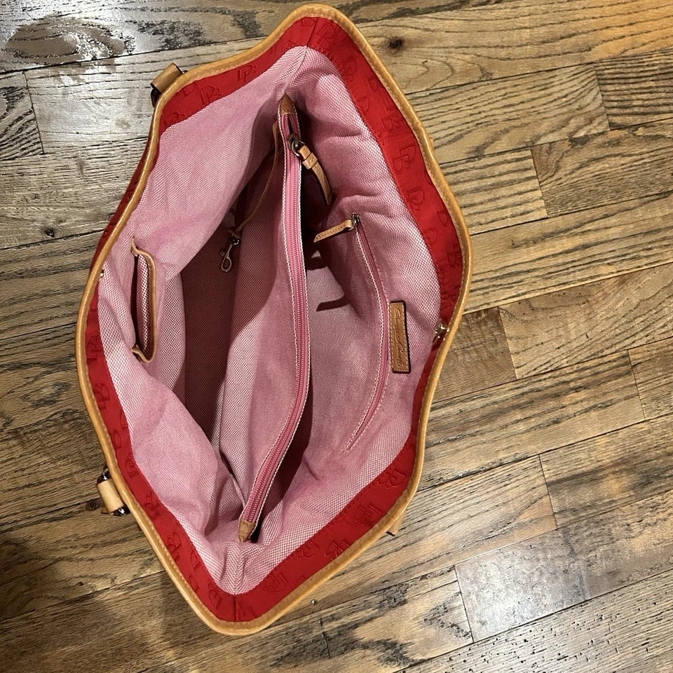 Dooney and Bourke Red Canvas XL Logo Tote Bag Travel Shoulder Leather Straps - Image 3 of 4