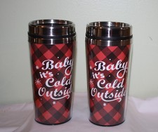 Christmas Tumbler Travel Mug 2 pc Set "Baby it's Cold Outside" Red Plaid  16 oz