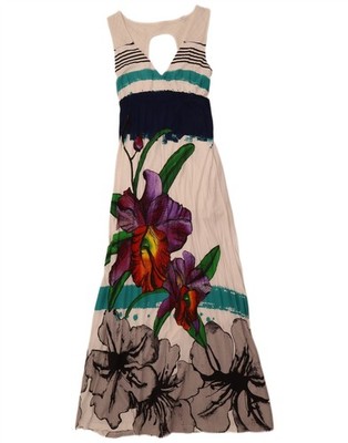 Desigual Damen ärmelloses Maxikleid UK 8 Small cremeweiß Blumenmuster Viskose BI12