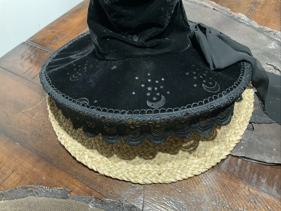 Spirit Halloween Black Slouch Witches Hat Veiled & Bow One Size Stars Moon - Image 2 of 4