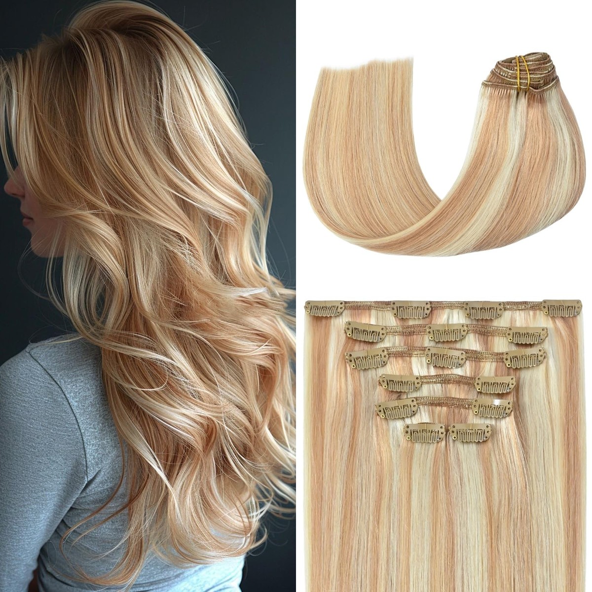 Aison Clip in Hair Extensions Real Human Hair Strawberry Blonde to