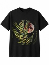 Watercolour Fern Broken Moon Nature Mens T-Shirt Black 100% Cotton