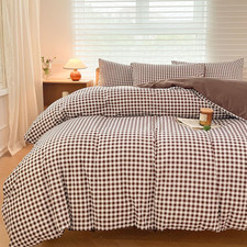 Mocha Gingham Duvet Cover Set Queen, Dark Tan Grid Simple Geometric Square Patte