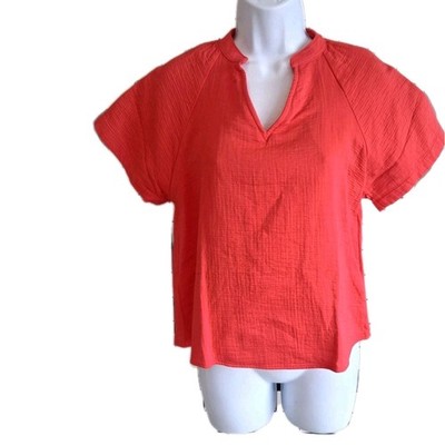Calvin Klein Women's Short Sleeve Textured Blouse X-Small Split Neck Red Top