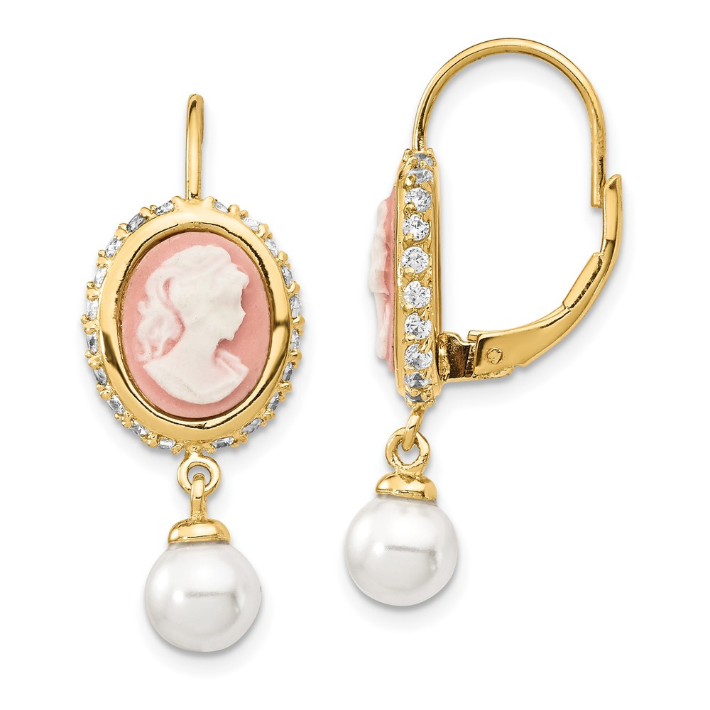 Sterling Silver Gold-plated Pearl Cubic Zirconia & Resin Cameo Drop Earrings