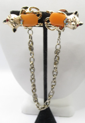 Winking Cat Vintage Sweater Guard Clip Tulip Orange Chest Rhinestones