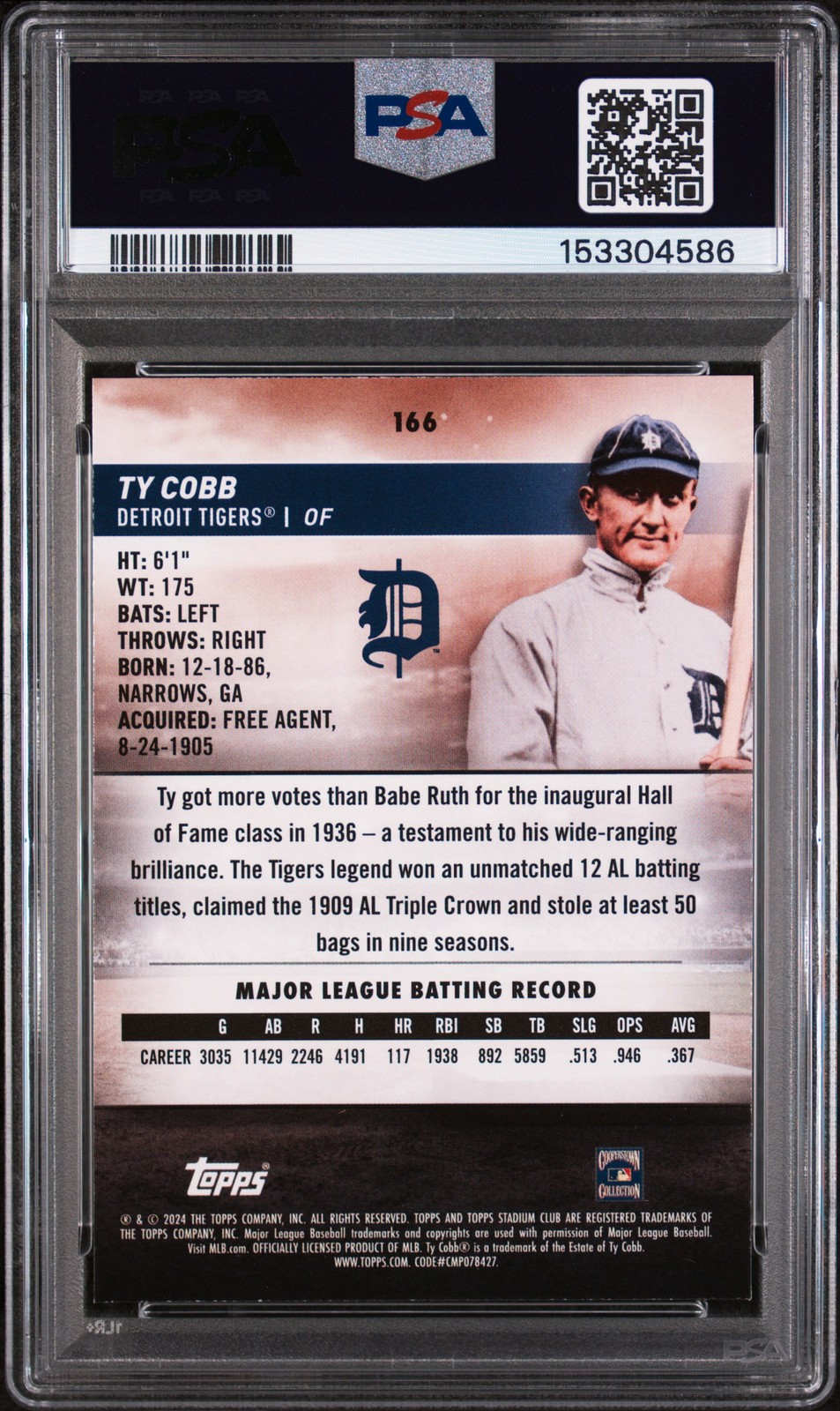 2024 TOPPS STADIUM CLUB PINK FOIL #166 TY COBB PSA 9 view 2