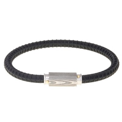 Damascus Steel and Black Silicone Bracelet with Gold Tone Ion Plating For Men
