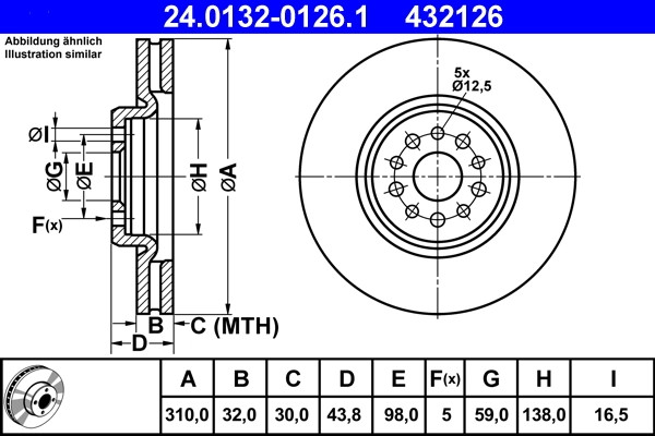 Disque de frein ATE 24.0132-0126.1 pour modèles 4246 Z7 en acier coulé
