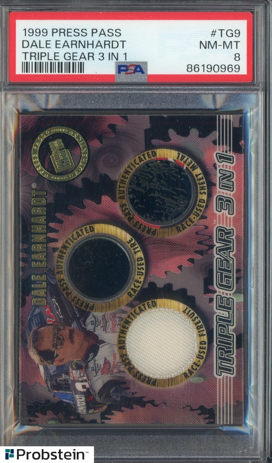 1999 Press Pass Triple Gear 3 In 1 Dale Earnhardt Race-Used Patches /33 PSA 8