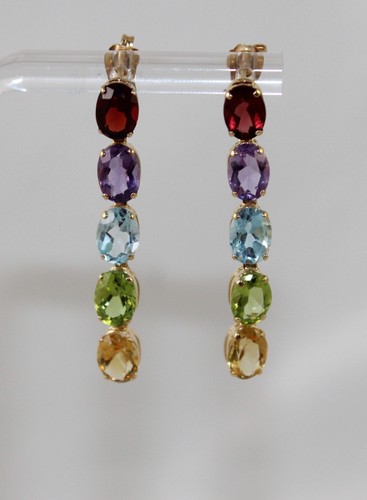 14K Yellow Gold 5 Oval Cut Dangle Earrings Garnet Amethyst Aqua Peridot Citrine