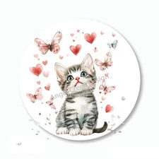 Cute Kitten Butterflies Cat w/Hearts Favors Scrapbook Stickers Envelope Seals