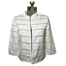 Chico s Womens White Linen-Blend Sheer Solid Stripe Boxy Jacket Sz M