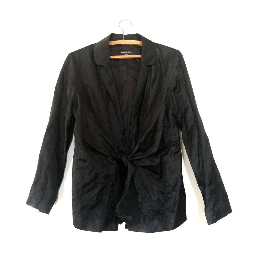 Veste Femme Eileen Fisher Noir Satin Acier - Taille L, Col Encoche Avec Cravate Devant, Neuve Sans étiquettes