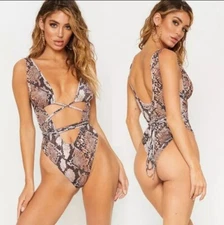 Snakeskin Print One Piece Swim Suit Tie Up Wrap Around Brown Tan