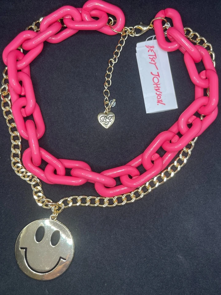 Pingente de rosto sorridente BETSEY JOHNSON colar declaração corrente rosa robusto novo com etiquetas $68