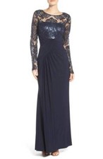  ELIZA J DRAPED LONG SLEEVE NAVY GOWN DRESS sz 2
