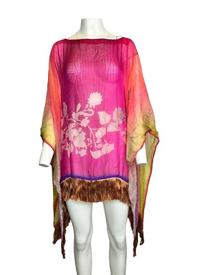 ETRO Milan Fringe Silk Poncho Cape Multicolor Ombre Floral Tunic Dress Shawl OS