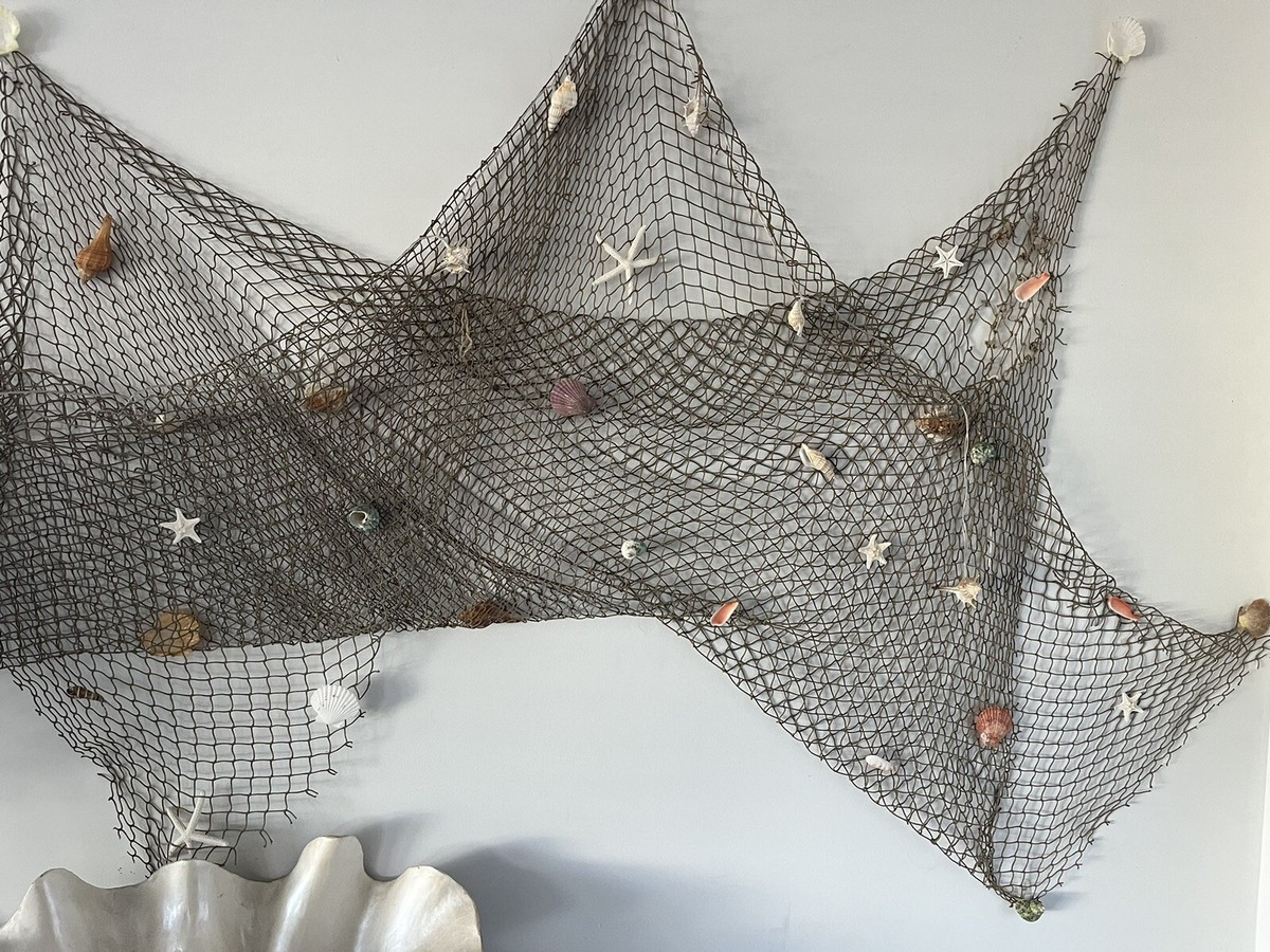 attaching sea shell to fish net Natural Fishing Net Beach Decor with Real Shells Attached